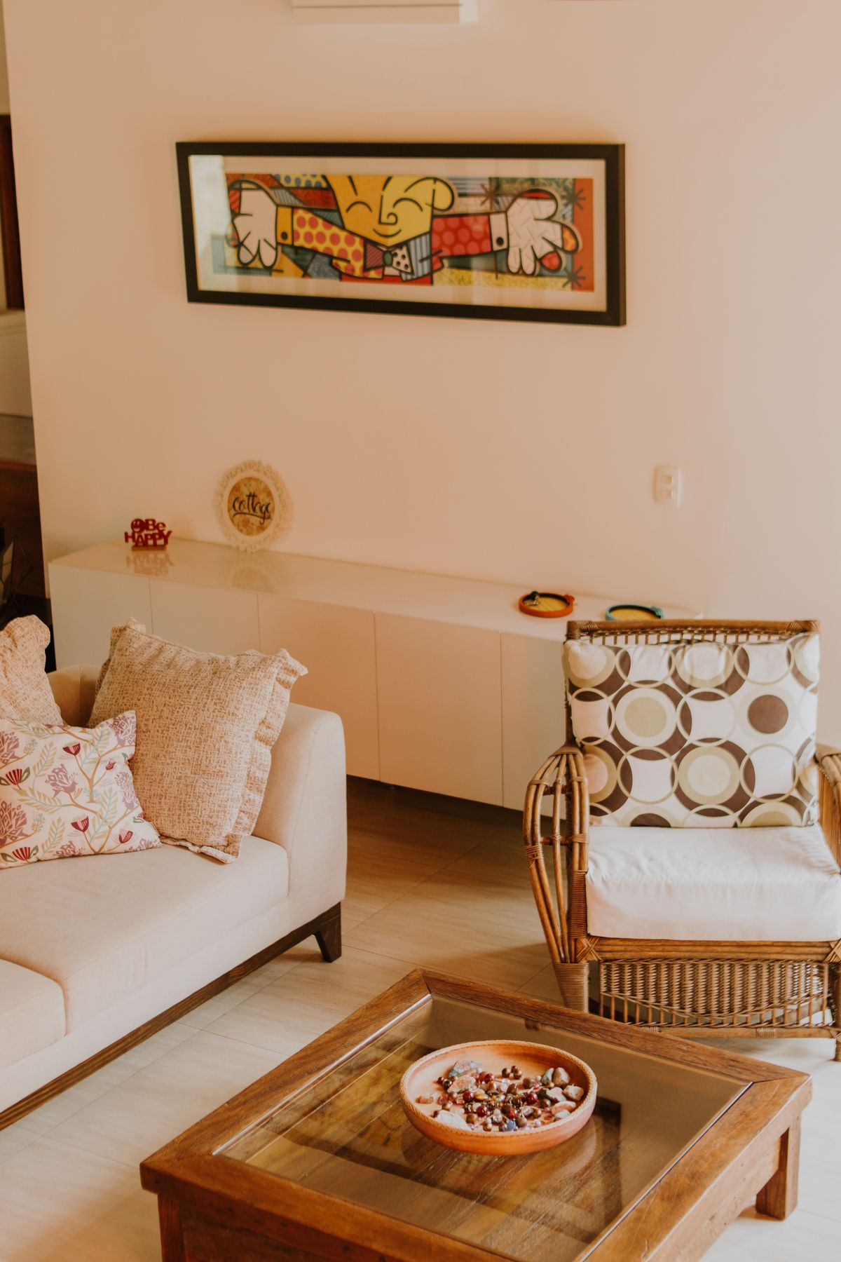 A warm, inviting living room with a sofa and natural materials.